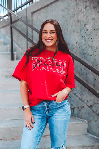 Nebraska Outline Band Tee-Red