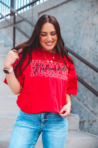 Nebraska Outline Band Tee-Red