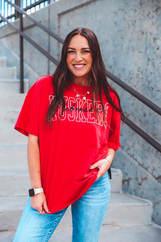 Nebraska Outline Band Tee-Red