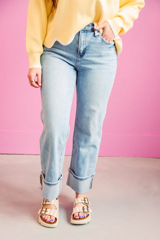 Emma High Rise Cuffed Slim Wide Denim