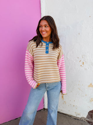 Lane Striped Sweater-Oat Mix