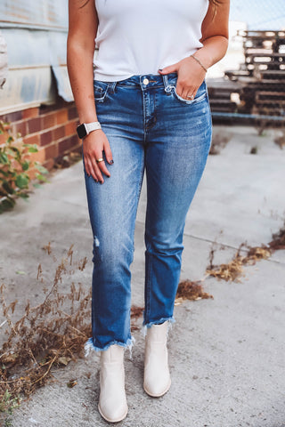 Charlotte Mid Rise Crop Slim Straight Denim