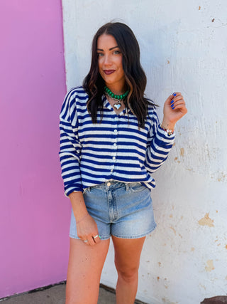 On The Line Cardigan-Royal Blue