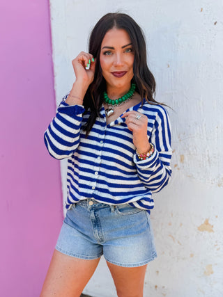 On The Line Cardigan-Royal Blue