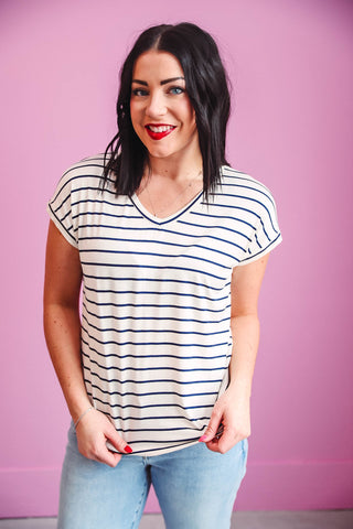 Sarah Striped Top-Ivory/Navy