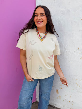Western Icons Embroidered Tee-Ecru