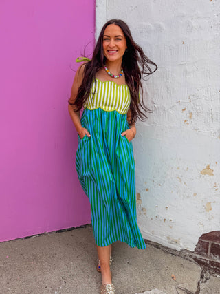 Lena Striped Midi Dress-Kiwi Green