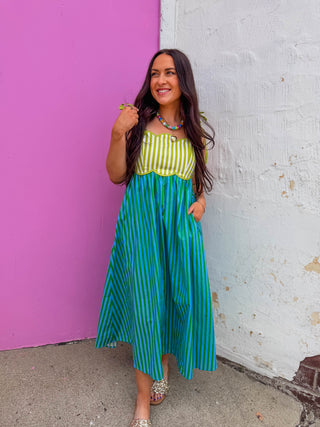 Lena Striped Midi Dress-Kiwi Green