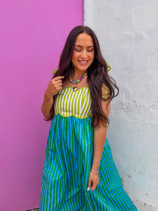 Lena Striped Midi Dress-Kiwi Green