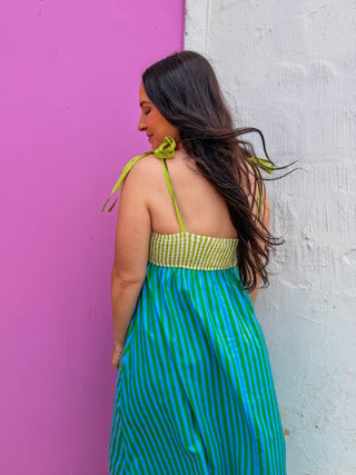 Lena Striped Midi Dress-Kiwi Green