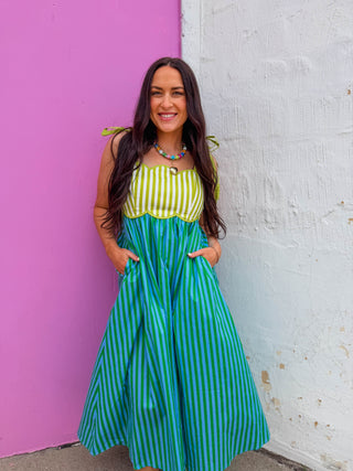 Lena Striped Midi Dress-Kiwi Green