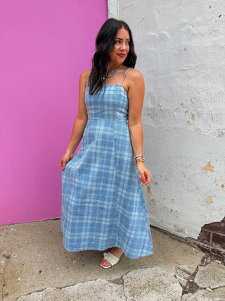 Jo Plaid Denim Midi Dress