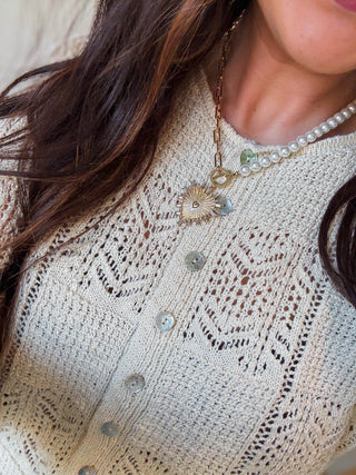 Pearl & Gold Rhinestone Studded Heart Charm Necklace