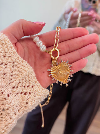 Pearl & Gold Rhinestone Studded Heart Charm Necklace