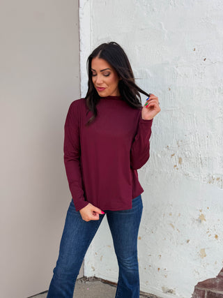 Remi Mock Neck Top-Burgundy