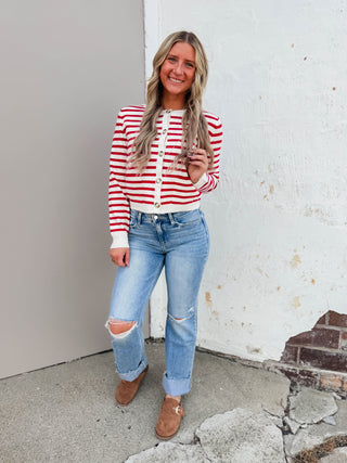 Eva Striped Cardigan-Red/White