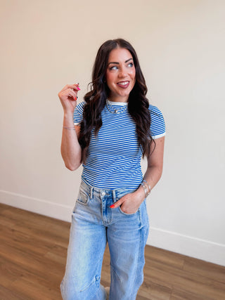All Day Striped Tee-Ocean Blue