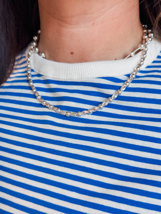 Silver Textured Oval And Gold Beaded Necklace