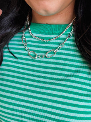 2 Layer Silver Oval & Beaded Chain Mutliway Necklace