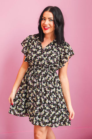 Amelia Floral Mini Dress-Black