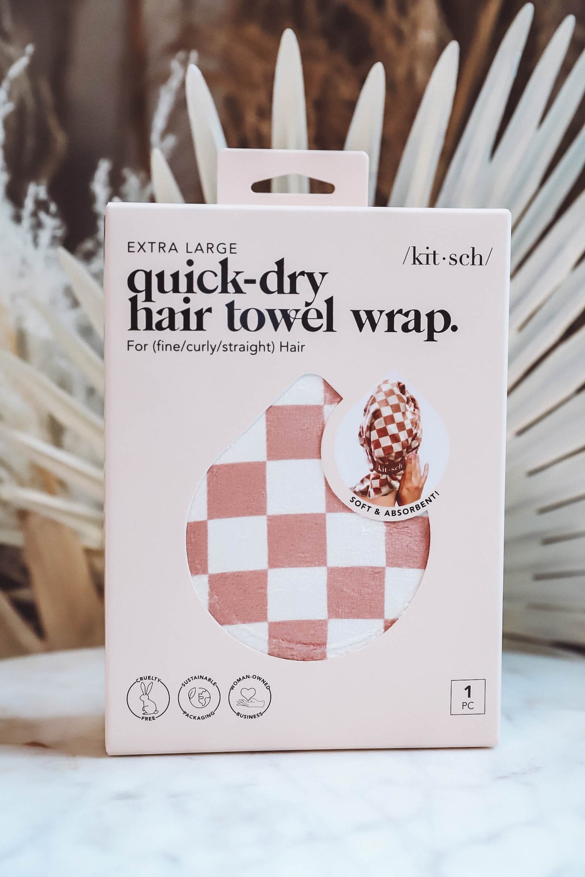 XL Quick Dry Hair Towel Wrap-Terracotta Checker