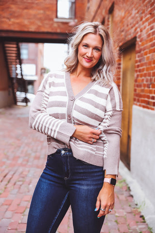 Karlie Striped Cardigan-Mocha