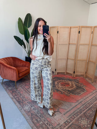 Serena Floral Pants-Ecru