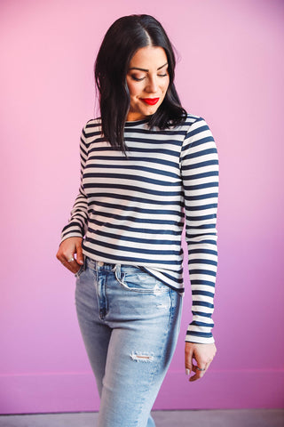 Jess Top-White Navy Stripe-Thread & Supply