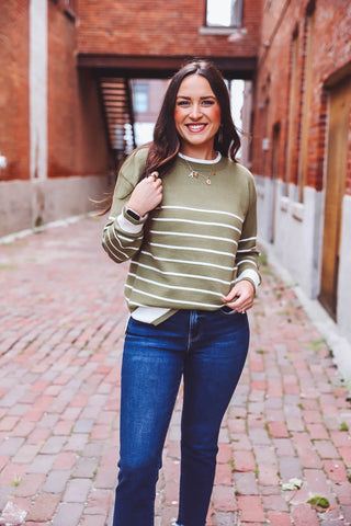 Hallie Striped Sweater-Olive