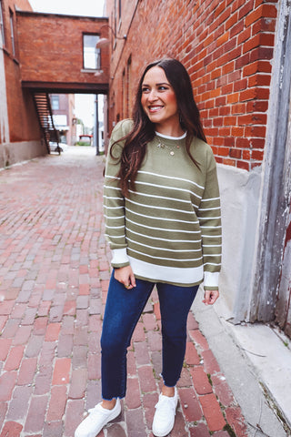 Hallie Striped Sweater-Olive