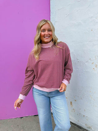 Avery Striped Mock Neck-Pink/Burgundy