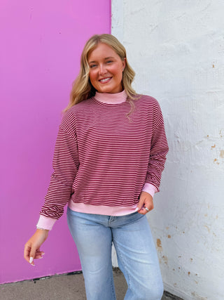 Avery Striped Mock Neck-Pink/Burgundy