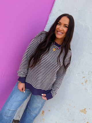 Simone Striped Sweater-Eggplant