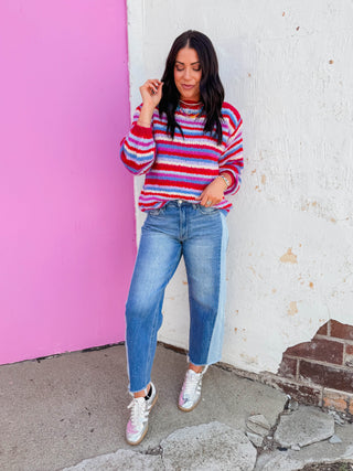 Pop Of Color Sweater-Cherry/Sky