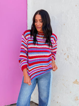 Pop Of Color Sweater-Cherry/Sky