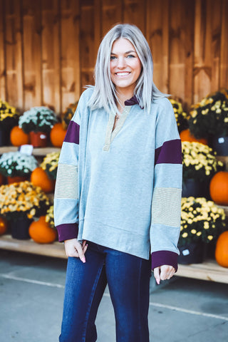 Shayla Color Block Pullover-Grey/Purple