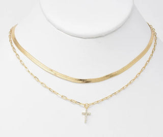 Snake Chain & Crystal Cross Necklace-Gold