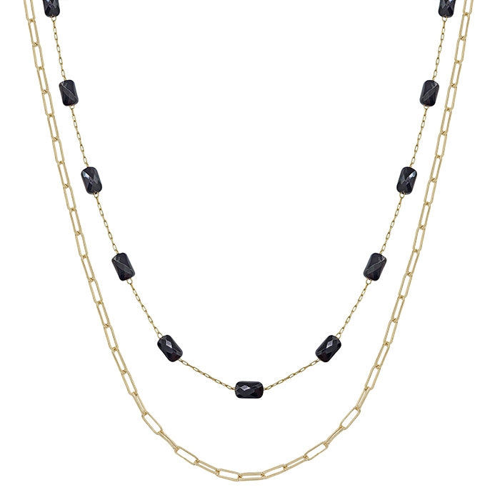 Beaded & Gold Chain Double Layered Necklace-Black
