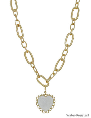 Gold With Mother Of Pearl Heart Charm Chunky Necklace