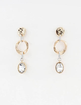 Gold Hammered Coin & Open Silver Circle & Clear Rhinestone Earring