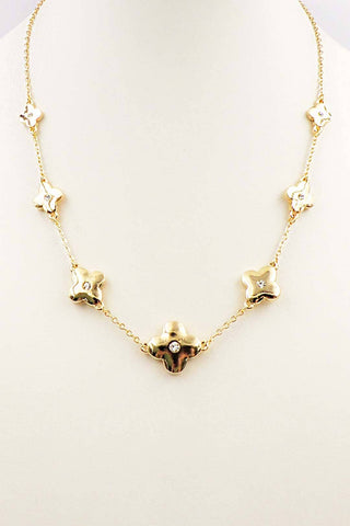 Gold Pointed Clover With Rhinestone Necklace