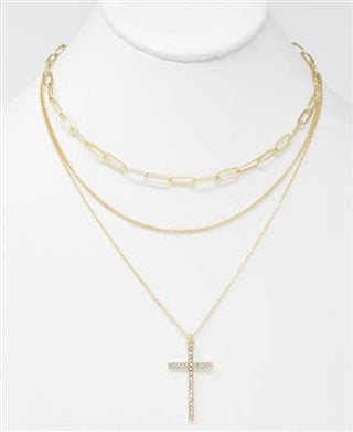 Gold 3 Layer With Rhinestone Cross Necklace