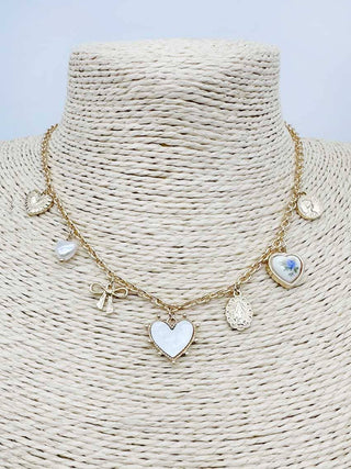 Pearlized Heart, Bow, & Crystal Charm Necklace