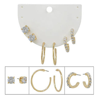 Set Of 3 Clear Crystal Stud & Hoop Earrings