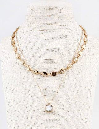 2 Layer Hammered Square With Clear Crystal Drop Necklace