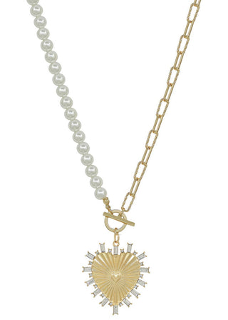 Pearl & Gold Rhinestone Studded Heart Charm Necklace