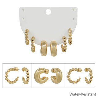 Set Of 3 Gold Beaded Huggie Hoops