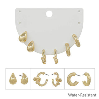 Set Of 3 Gold Huggie Hoops, Teardrop Stud Earrings