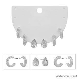 Set Of 3 Silver Crystal & Textured Huggie Hoops