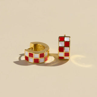 Red & White Checkered Enamel Huggie Earrings  - Nickel & Suede